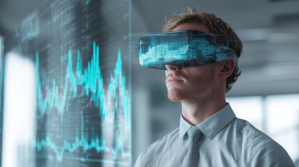A man wearing virtual reality glasses experiences advanced technology in a modern office environment.