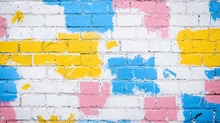 A vibrant, abstract wall featuring splashes of blue, pink, yellow, and white paint, creating a colorful and artistic urban backdrop.