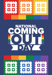 National Coming Out Day. Happy holiday. Pride month. LGBT rainbow flag. Diversity and equality. Gay and lesbian. Free love, heart shape. Illustration. Vector poster