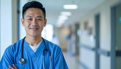 Asian doctor wearing blue scrubs and stethoscope smiling confidently. Modern hospital corridor background.
