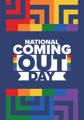 National Coming Out Day. Happy holiday. Pride month. LGBT rainbow flag. Diversity and equality. Gay and lesbian. Free love, heart shape. Illustration. Vector poster
