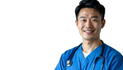 Asian doctor wearing blue scrubs and stethoscope smiling confidently. Modern hospital corridor background.