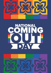 National Coming Out Day. Happy holiday. Pride month. LGBT rainbow flag. Diversity and equality. Gay and lesbian. Free love, heart shape. Illustration. Vector poster