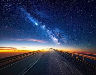 Fototapeta premium Starry night sky over a road leading toward sunset