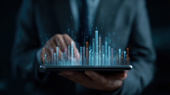 A professional analyzing financial data using a digital tablet with dynamic charts and graphs.