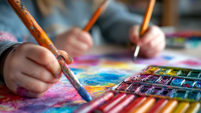 Close-up of Children Painting with Watercolors, Focus on Hands and Brush, Colorful Artwork, Creative Expression, Childhood Art