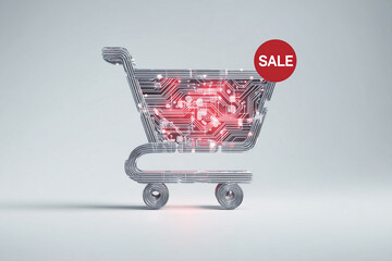 A shopping cart in the shape of a microchip with a red "sale" sign on a light background
