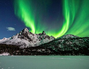 Aurora dances over snow-covered peaks, dark trees below