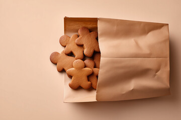 Gingerbread men spill out of a paper bag on a beige background

