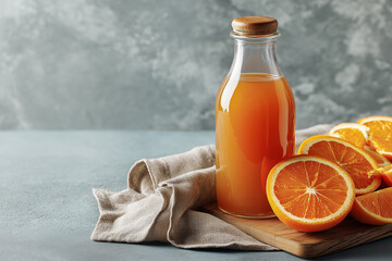 Orange juice in a glass bottle stands on a wooden board, next to a linen napkin and orange slices
