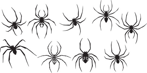 Spider Vector Icons, Insect Silhouette Art, Creepy Animal Illustration, Halloween Spider Design, Web Crawling Insect Vector, Scary Nature Graphic, Halloween Creature Symbol, Bug Clipart Collection, Bl