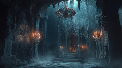 Fototapeta premium Eerie dark castle interior abandoned location digital art mysterious environment cinematic viewpoint