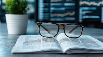 Open book with glasses on table, financial data in background, conveying knowledge and analysis