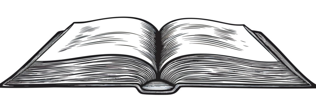 Open old book vintage engraving black and white sketch detailed pages literature reading knowledge antique paper illustration vector art