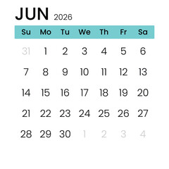 June Monthly Calender Template for 2026