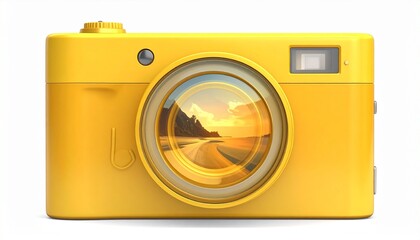 Yellow Camera's Luminous Lens: A vivid image of a bright yellow camera, showcasing a landscape captured within its lens, suggesting a perfect moment of photographic art.