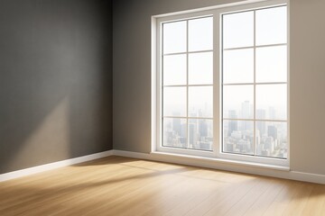Fototapeta premium Modern empty interior room with large window and cityscape view, wooden floor and minimal wall decor in soft light setting. Ai generative.