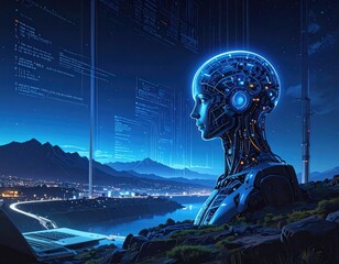 Glowing AI head over city, code streams, scenic backdrop