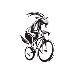 Black and White Goat Riding a Bike Illustration in Simple Vector Line Art Minimalist Style Design