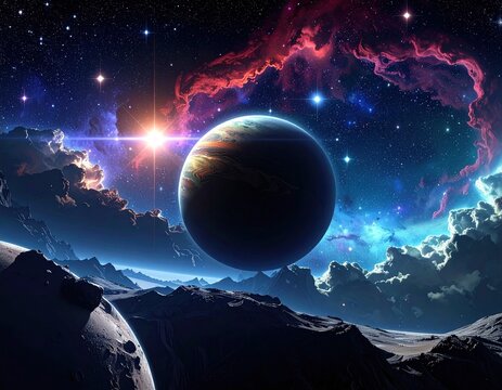 Distant planet hovers over moonlit landscape, nebula backdrop