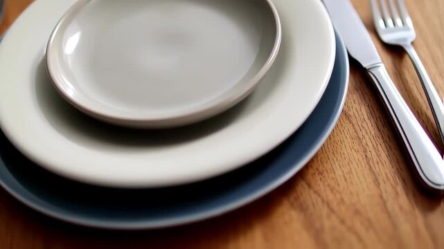 Stacked plates and cutlery on a wooden table