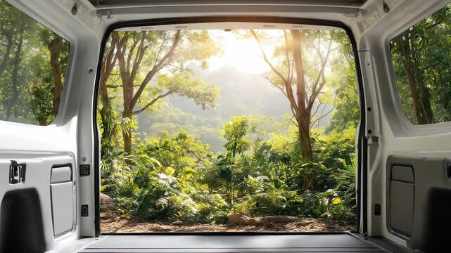 The open van door frames a vibrant forest landscape, inviting exploration and connection with nature. Sunlight filters through the foliage, creating a peaceful and inspiring atmosphere
