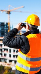 Construction worker observing building site with binoculars under clear blue sky and cranes in background
