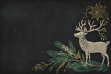 Vintage Christmas background with deer, fir branches and copy space
