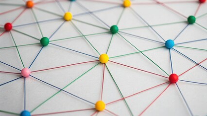 Personalized Customer Service Colorful pins connected by strings create a network pattern on a white surface, symbolizing connections and relationships.
