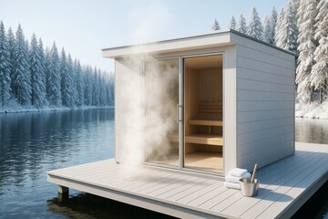 Minimalist floating sauna building with open glass door emitting steam on a calm lake dock in snowy forest background during winter daylight. Ai generative