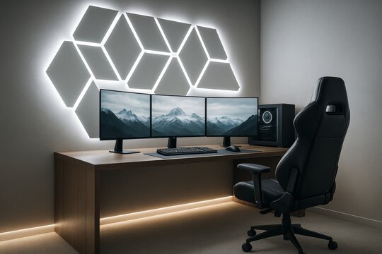 Modern gaming workspace with triple monitors, geometric LED wall lights, ergonomic chair in minimal interior architecture background. Ai generative