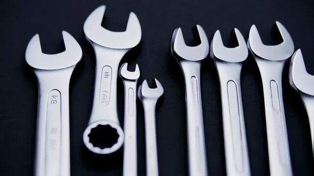 Close-up of several chrome wrenches arranged on a dark surface
