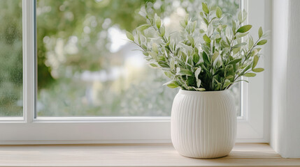 Fototapeta premium Fresh flowers in white vase on windowsill, creating serene atmosphere