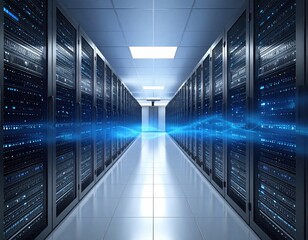 Server room hallway, rows of data racks, blue light effect