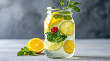 Fresh fruit infused water in jar with lemon, mint, and raspberry creates refreshing drink