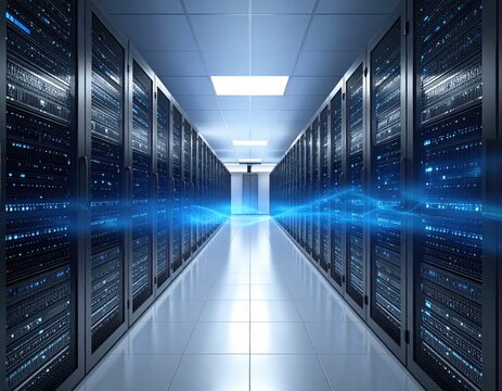 Server room hallway, rows of data racks, blue light effect