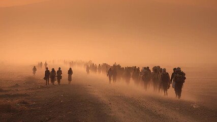 Migrant Caravan Walking Through Dust Storm: Refugees Seeking Asylum, Immigration, Global Crisis, Humanitarian Disaster, Displacement, and Hope