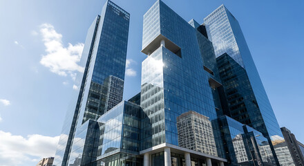 Obraz premium Modern glass office skyscraper with angular facade and blue sky reflection