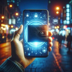 Digital Wallet in Hand: A high-tech, photorealistic representation of a digital wallet interface on a smartphone, held in a hand against a bustling city night scene.