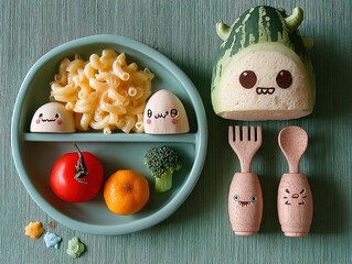 Hyper-Realistic Kids' Playroom-Style Food: Mac & Cheese, Tomato with Eyes, Smiling Wooden Utensils, Acorn Melon Monster Carvings (Fruits on Side) Green Background Stock