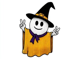 Thick-Line Clipart Sticker Style: Cute Halloween Ghost (Witch Hat + Yellow Cape) with Purple Ribbon Scarf, Victory Pose – White Background No Shadow Stock
