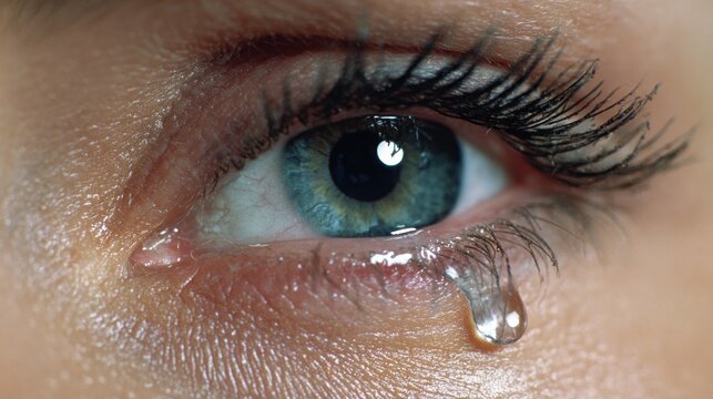 Close-up of a blue eye with tear. Skin shows emotion. Macro tear