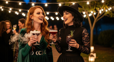 A pair of witches laughing together under string lights at a party