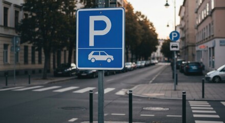 Blue parking sign on city street shows car icon, buildings and cars behind