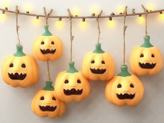 Minimalist-Style Clipart: Halloween Pumpkin Ornament on String Lights (Bold Shapes/Colors) – White Background & Transparent PNG for Poster/Design/Decor Stock