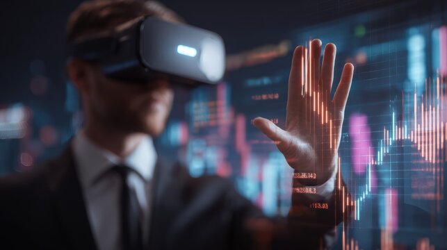 Businessman in virtual reality headset interacting with digital data and charts, representing innovation and technology. - Powered by Adobe