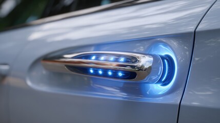 Close-up of a modern car's side mirror with stylish blue LED lights, showcasing advanced automotive design.