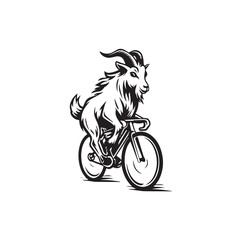 Black and White Goat Riding a Bike Illustration in Simple Vector Line Art Minimalist Style Design