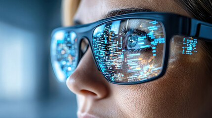 Futuristic glasses reflect digital data and technology, showcasing innovation and clarity