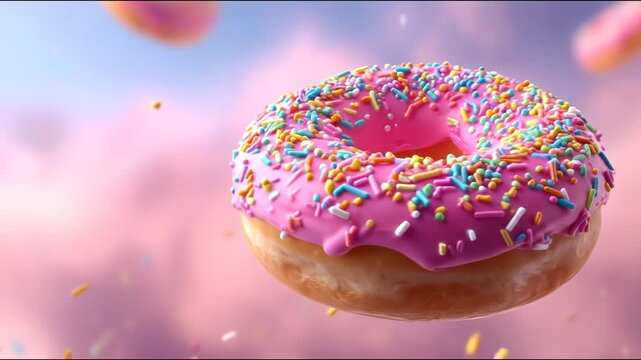 A delicious donut with pink frosting and colorful sprinkles floats against a pink and blue background, with more donuts out of focus